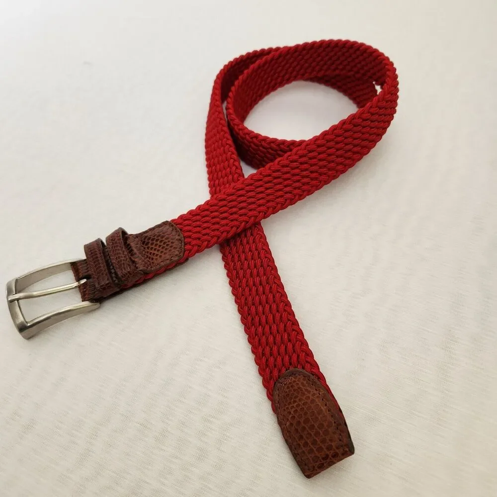 Belt Mens 36 Red Braided Stretch Leather Snake Tab Solid Silver Brass Buckle